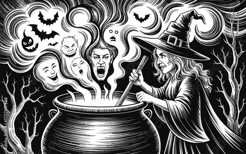 Witch stirring cauldron with faces and bats in swirling smoke