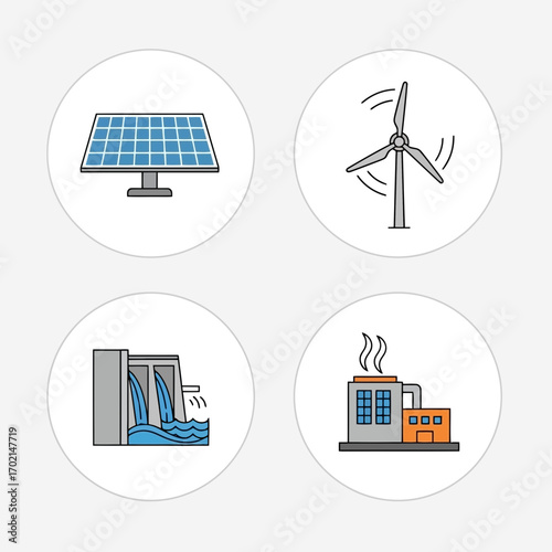 Renewable energy sources icons solar wind hydro and factory isolated on white background silhouette