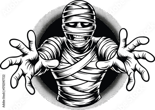 Black and white mummy reaching out with open hands