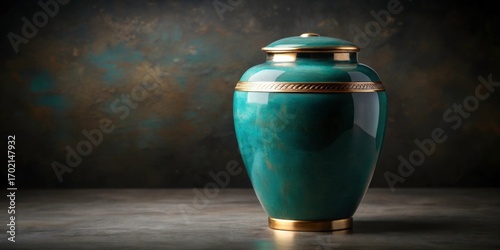 Elegant turquoise urn with golden details against dark background