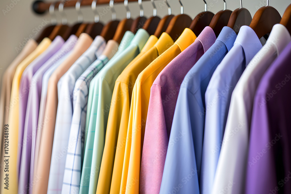 custom made wallpaper toronto digitalStylish collection of neatly arranged dress shirts in various pastel colors hanging on a clothing rack in a modern boutique