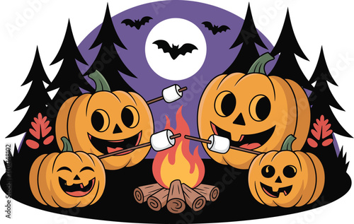Four smiling pumpkins roasting marshmallows over a campfire at night