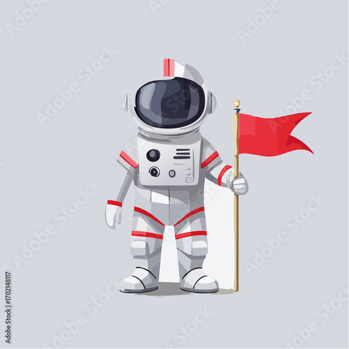 Cartoon astronaut in a white spacesuit with red accents, holding a red flag, standing against a light gray background.