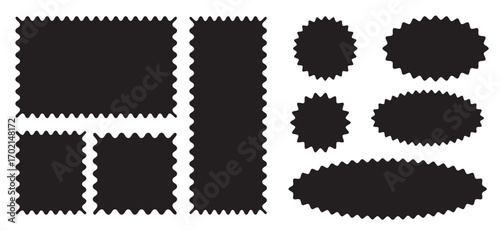 Rectangle, circle shape frame with wavy zig zag edge. Silhouette stickers circle, square, oval and rectangle labels. Set of frames with zigzag edge shapes vector collection.