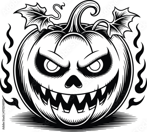 Black and white scary jack o lantern with flames halloween