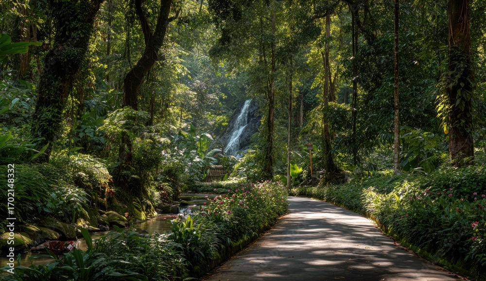 Fototapeta premium Sun-drenched path through lush tropical park with waterfall