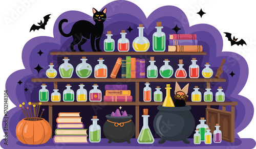 Black cat on shelf with potions books bats and cauldrons