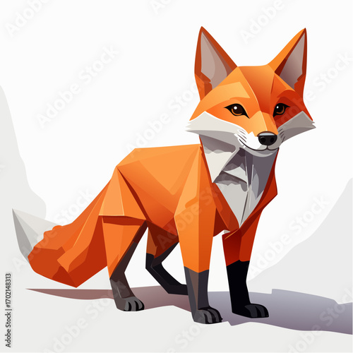 Low-poly illustration of a red fox, standing alert, against a white background.