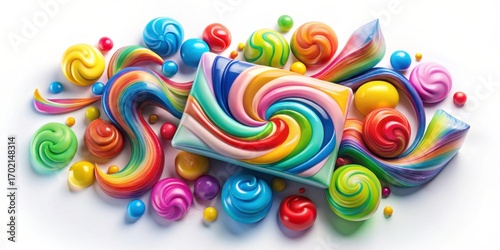 Colorful Swirl Patterns and Candy-Like Designs on a White Background