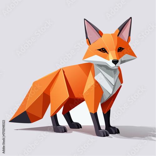Geometric low-poly fox illustration, orange fur, standing pose, detailed features.