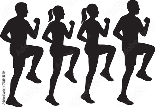 Group of people running in place silhouette fitness exercise