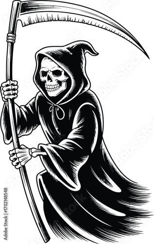 Grim Reaper holding scythe black and white illustration