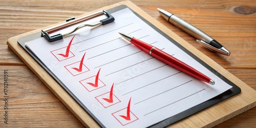 Wallpaper Mural Clipboard Checklist with Red Pen and Silver Pen on Wooden Table Torontodigital.ca