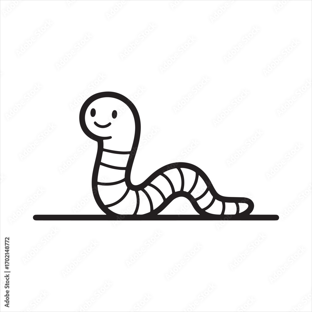 Fototapeta premium Cute Smiling Cartoon Worm Illustration – Simple Black and White Happy Worm Character Design