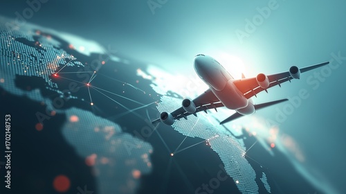 Global Flight Path: An airplane soaring above the illuminated world map, representing the network of routes, journeys, and the spirit of wanderlust.Generative ai illustration