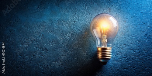 Bright Light Bulb Illuminating a Blue Textured Wall Background