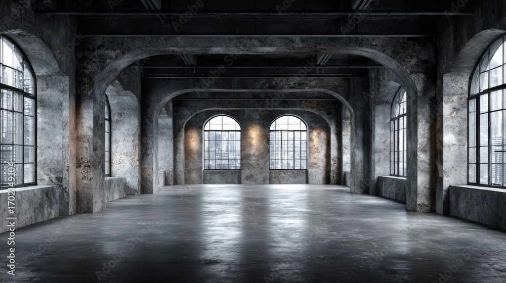 Obraz premium Dramatic Empty Industrial Interior with Arched Windows and Concrete Walls, Ideal for Film or Photography