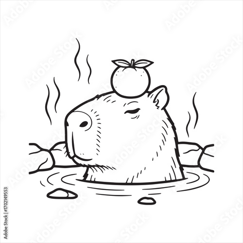 Relaxed Capybara in Hot Spring – Cute Cartoon Animal Spa Illustration with Orange on Head