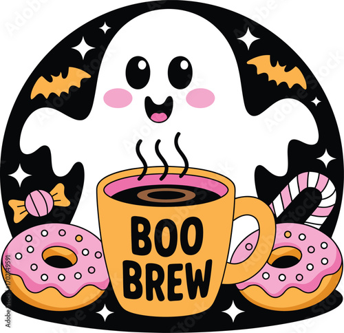 Cute ghost with coffee and halloween treats donuts