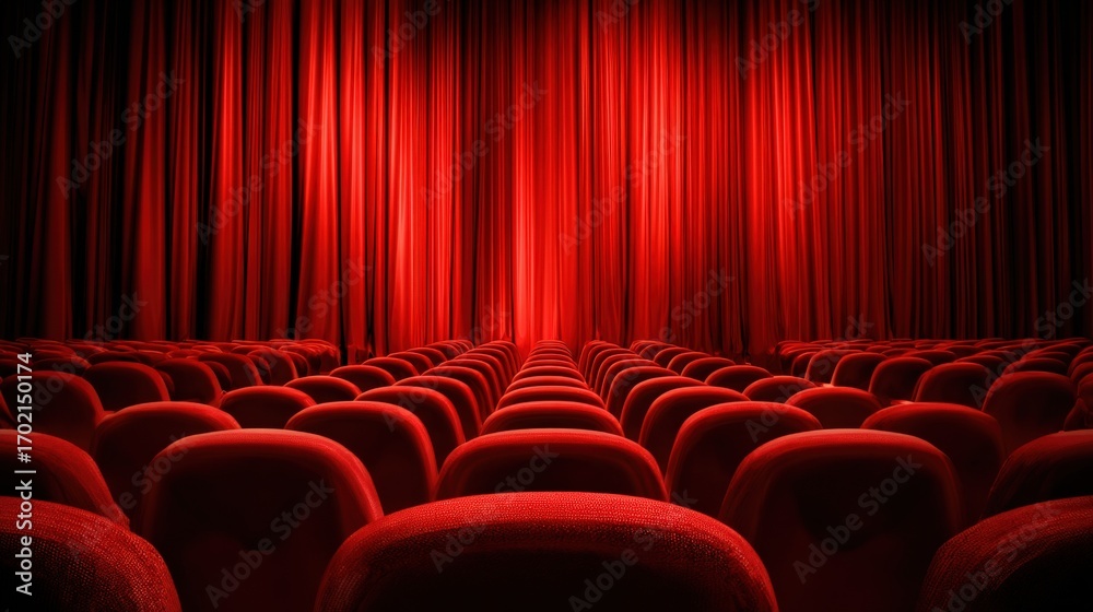 Fototapeta premium Dramatic Red Theater Interior with Curtains and Seating Rows for Performance Arts Venues