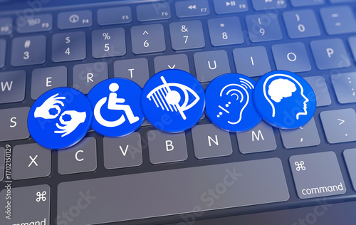 Accessibility Icons on Keyboard: A set of vibrant accessibility icons, symbolizing inclusivity and support for diverse needs, resting upon a modern keyboard, highlighting digital inclusion