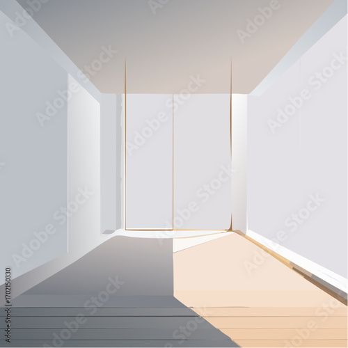 Minimalist empty room bathed in sunlight, showcasing clean lines and pale color palette.
