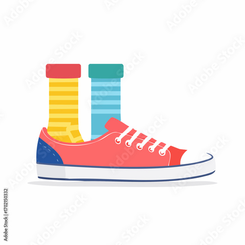 A single coral-colored canvas shoe with a pair of colorful striped socks inside.