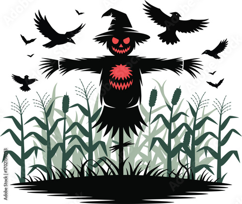 Black scarecrow with red face in cornfield with flying crows
