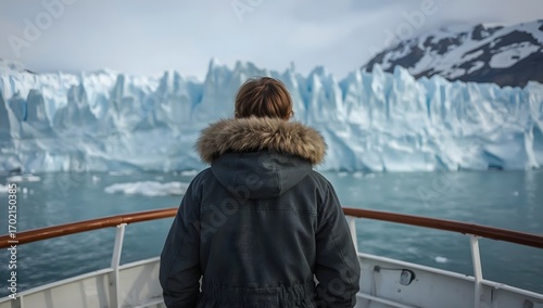 Person in fur hooded parka gazes at majestic glacier from boat deck