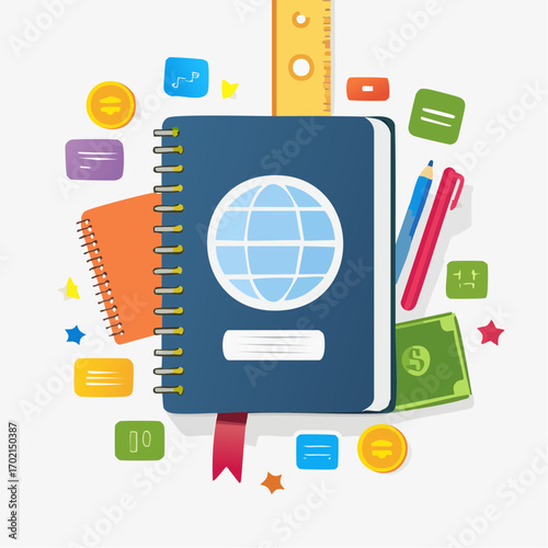 Global education concept illustrated with notebook, stationery, and currency.