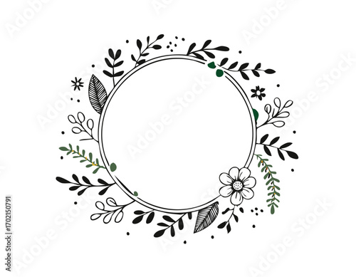 Floral round gray and white frame of twigs, leaves and flowers. Frames for the Valentine's day, wedding decor,border, invitation, drawing, frame, graphic, ornament, vignetting, wedding, art, vector