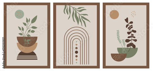 Modern abstract botanical wall art with geometric shapes and earthy colors. Minimalist design with plants and circles for home decor, posters, prints and stylish interior decoration.