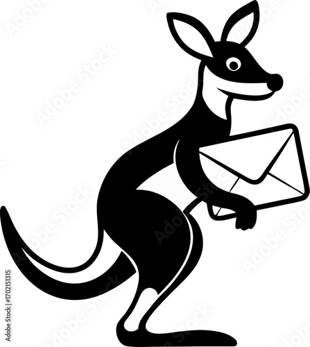 Kangaroo delivering letters from its pouch. vector black and white icon , white background 