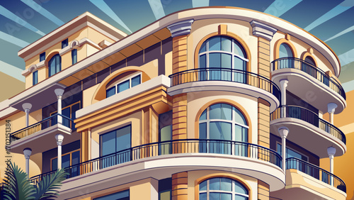 Fragment of a stylish residential building, showcasing curved balconies, light stone cladding, and subtle accent lighting, blending timeless European architecture with modern elegance and inviting aes