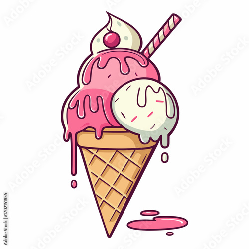 Scoop Ice Cream Cone with Cherry and Sprinkles Vector 