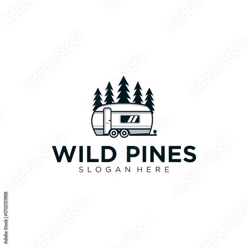 Moving Caravan Vehicle Logo with Pine Trees for a Forest Camping Adventure Travel Logo Design