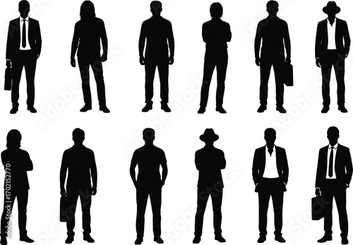 Businessmen silhouettes in various poses standing with briefcases and hands in pockets, professional corporate male figures, vector illustration.
