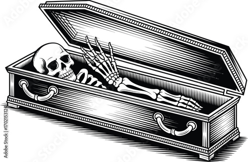 Skeleton hand emerging from open coffin death bone