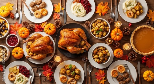 Wallpaper Mural Overhead view of a thanksgiving feast featuring roasted turkey, side dishes, and desserts arranged on a wooden table with fall decorations and cutlery Torontodigital.ca