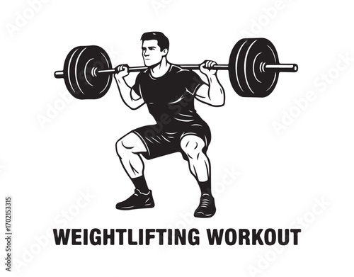 Lifting weights, dude in the gym, training. Isolated vector outline
