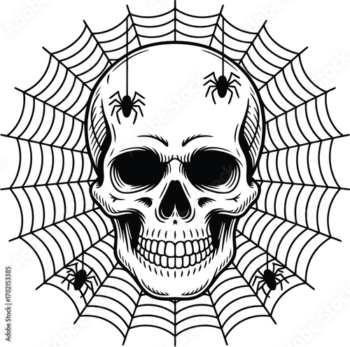 Black and white skull with spiders and web illustration