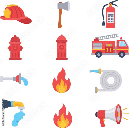 Firefighting equipment arranged neatly on white surface, showcasing essential tools like helmet, axe, hydrant, hose, and truck, depicting readiness and safety.