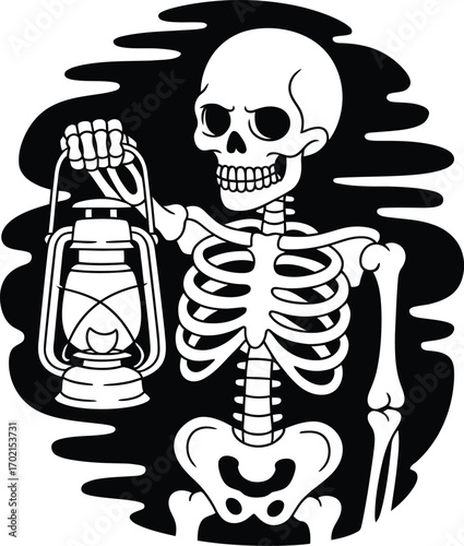 Skeleton holding oil lantern black background bone