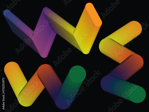 Abstract colorful gradient cylinders forming geometric shapes on a black background