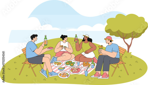 Four people enjoying a picnic lunch outdoors on a sunny day