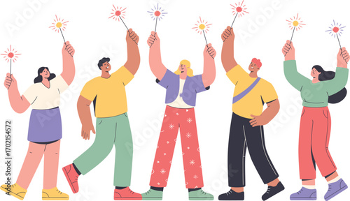 Five diverse people holding sparklers celebrating celebration
