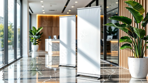 Freestanding blank banner stand in a modern corporate lobby, ideal for advertising, branding, and business event promotions.