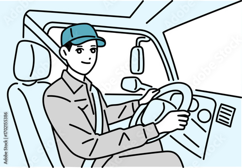 トラックを運転している作業着の男性のイラスト