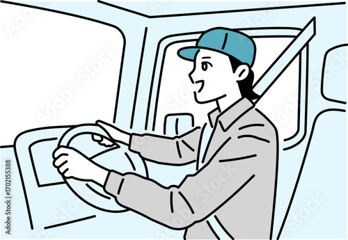 トラックを運転している作業着の女性のイラスト