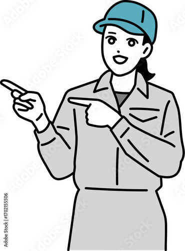 指を差す作業員の女性のイラスト